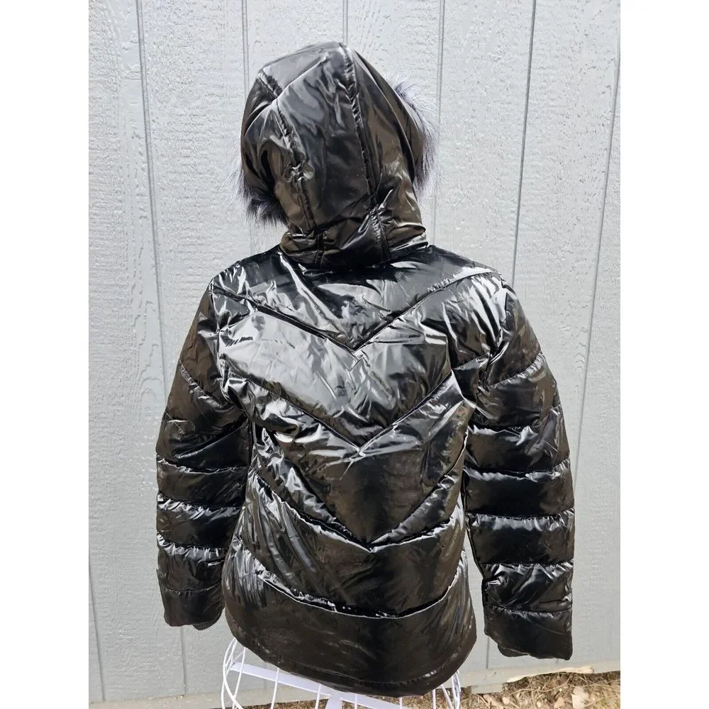 Justice Girls Black Puffer Jacket Hood Sherpa Lined Full‎ Zip Pockets Size S 7/8